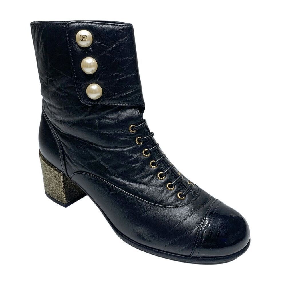 Chanel Interlocking C Lace Up Pearl Calfskin Leather Ankle Boot EU 37.5 US 6.5-7
